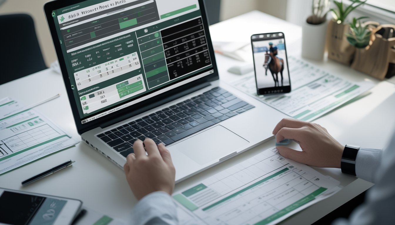 Meja kerja dengan laptop yang menampilkan statistik balap kuda dan formulir balap di sampingnya.