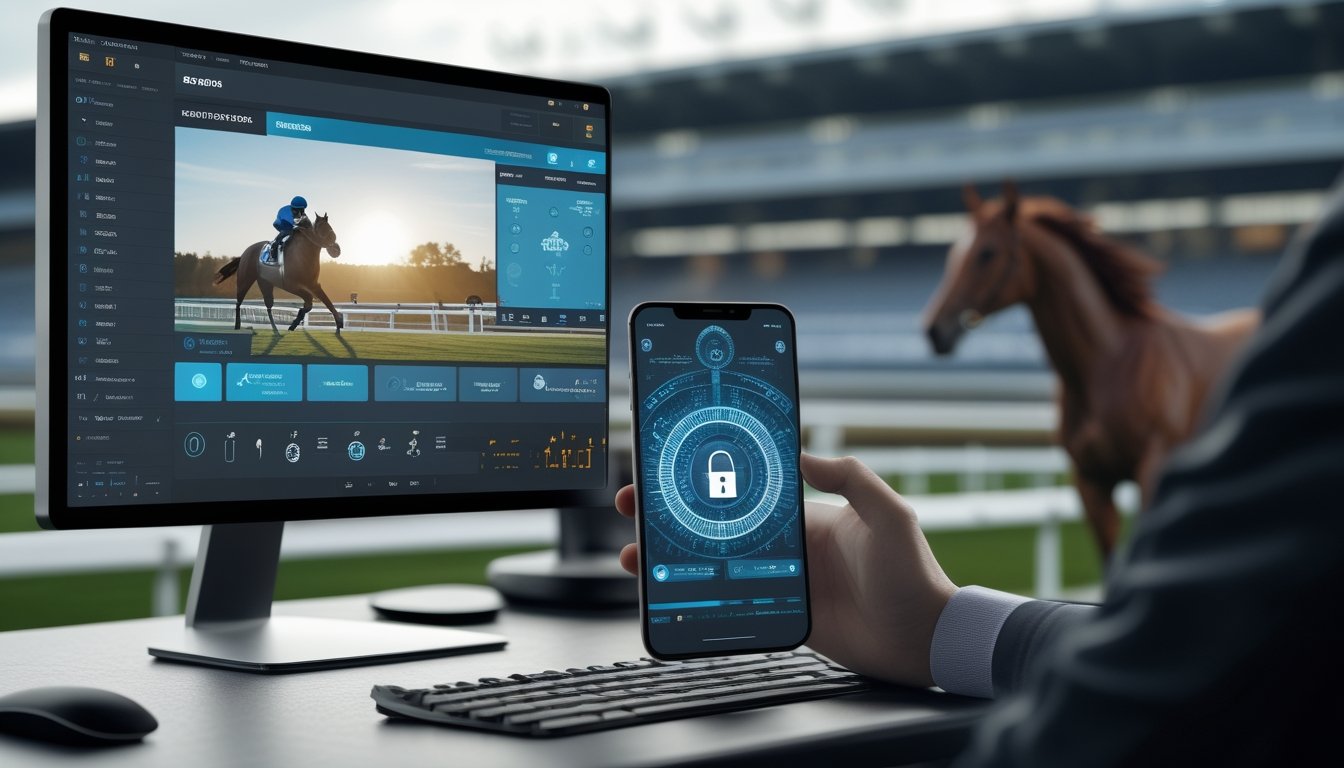 Monitor dan ponsel menampilkan antarmuka balap kuda digital dengan simbol keamanan, sementara kuda berpacu di lintasan pada latar belakang.