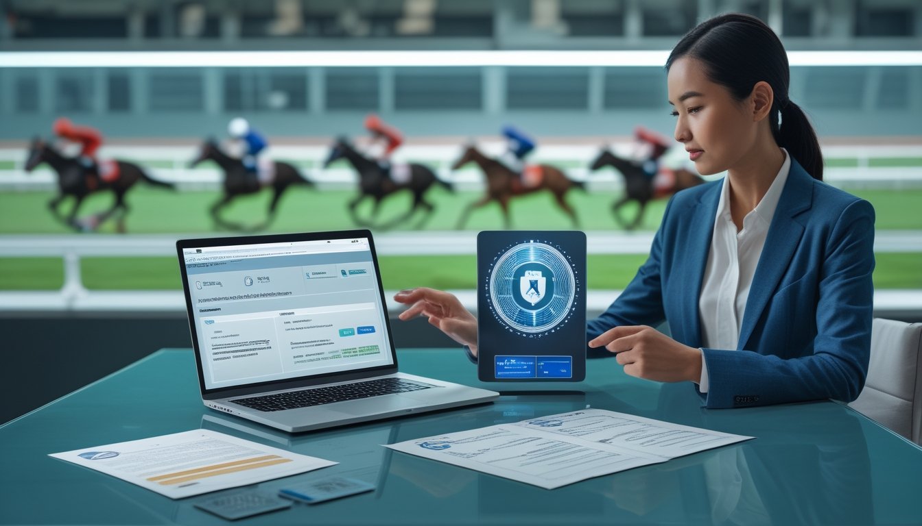Pengguna Indonesia meninjau dokumen legalitas dan keamanan digital di samping laptop, dengan latar arena balap kuda yang samar.