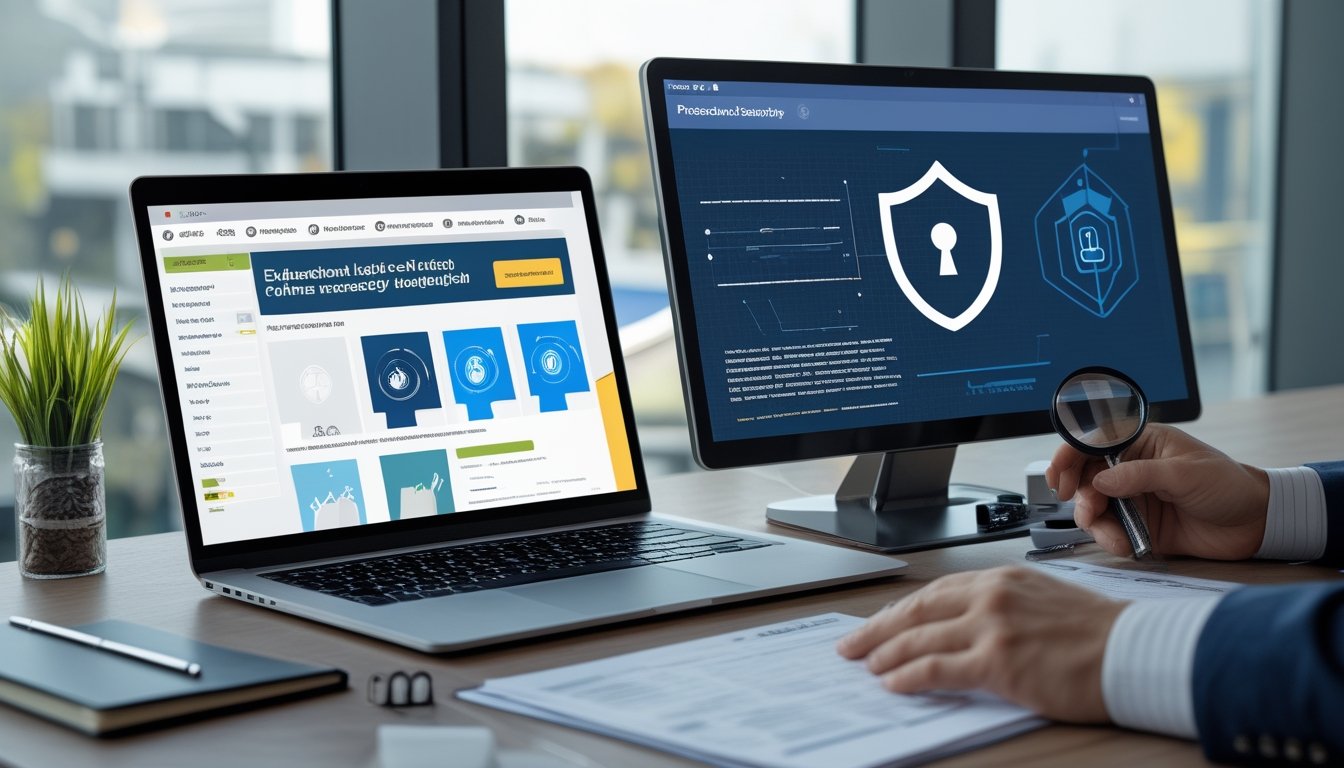Seorang analis memeriksa platform pacuan kuda online dengan simbol keamanan digital di ruang kerja modern.