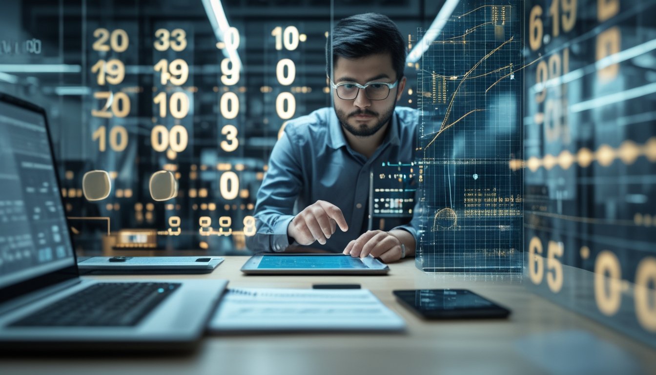 Seorang analis mempelajari pola angka dan grafik data pada perangkat digital di ruang kerja modern.