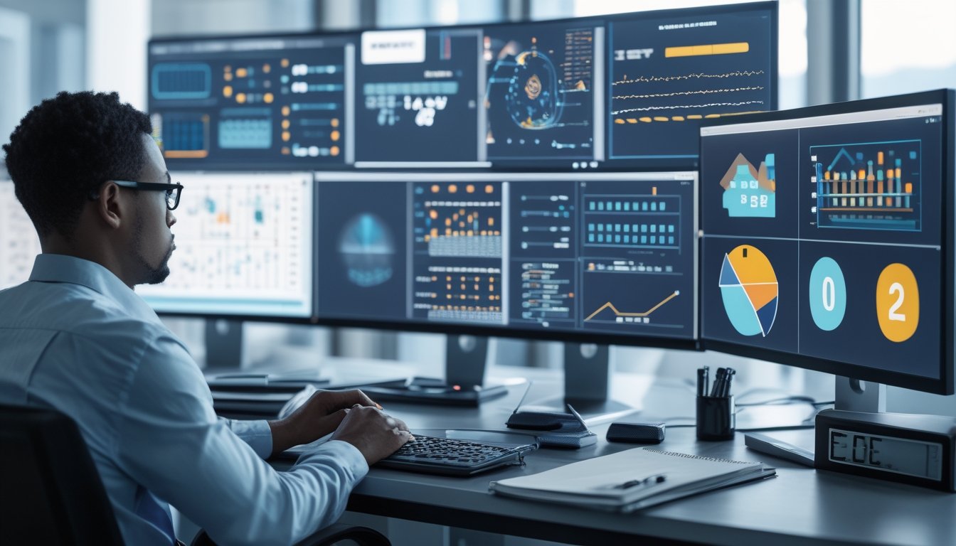 Seorang analis memeriksa pola angka dan grafik abstrak pada beberapa layar komputer di ruang kerja modern.