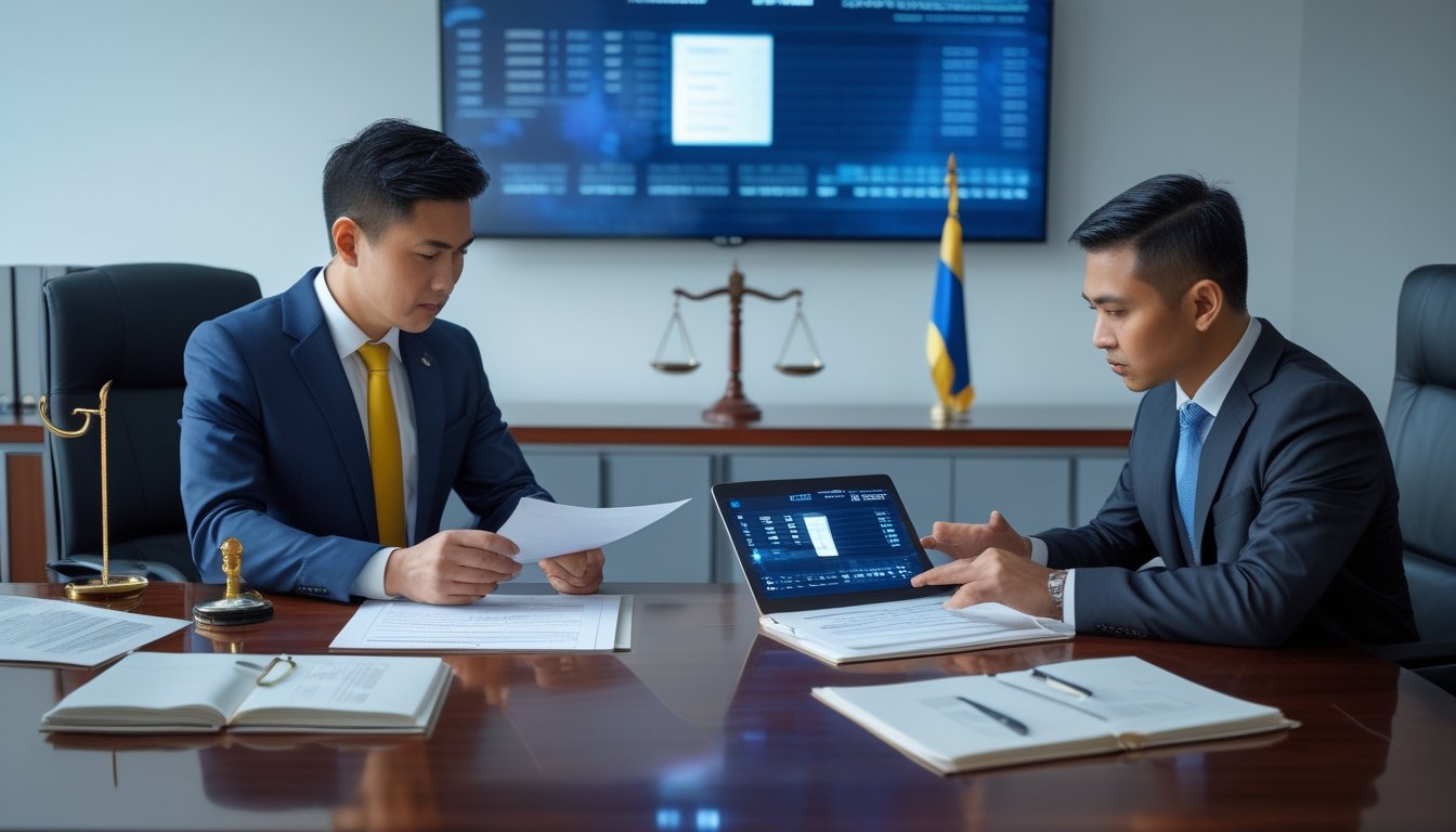 Dua profesional meninjau dokumen hukum dan data digital di kantor dengan simbol timbangan keadilan serta bendera Indonesia.