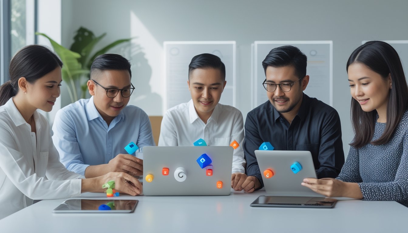 Sekelompok orang dewasa Indonesia meninjau visualisasi data abstrak pada laptop dan tablet di ruang kerja modern.