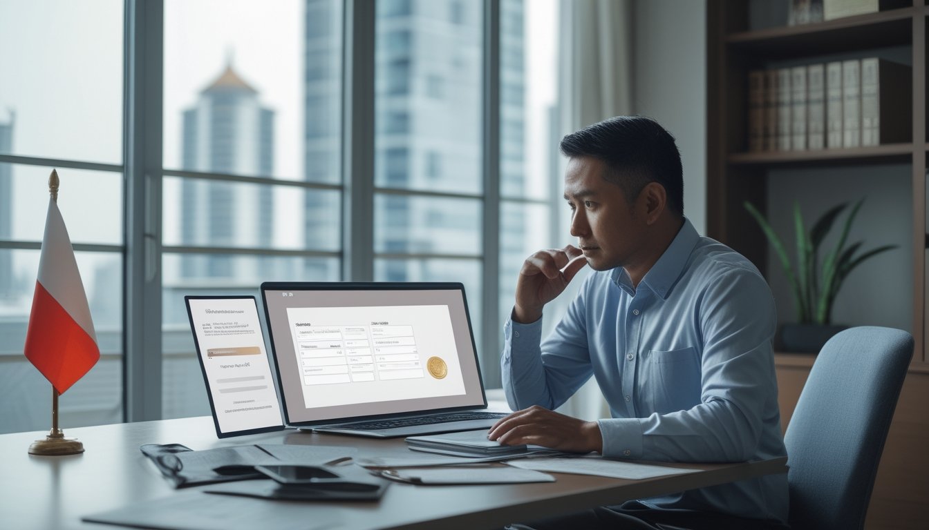 Orang dewasa Indonesia meninjau dokumen hukum dan keamanan digital di meja kerja dengan laptop terbuka.