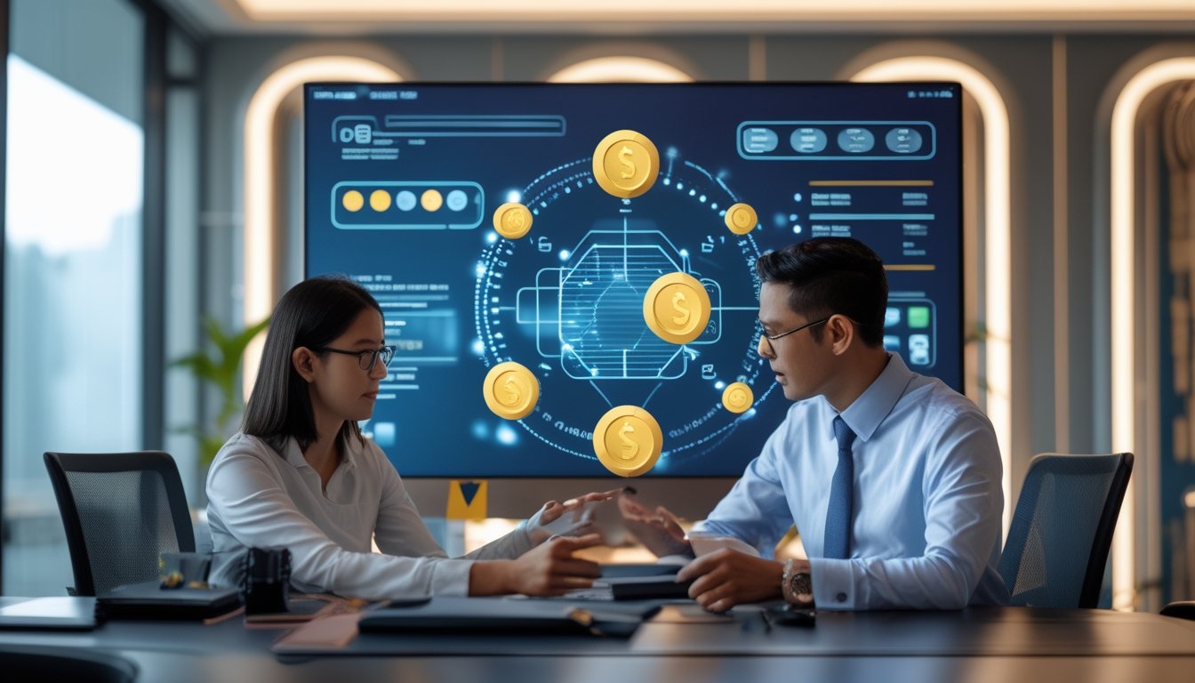 Dua analis dewasa membahas alur pembayaran melalui dashboard digital abstrak di kantor modern.