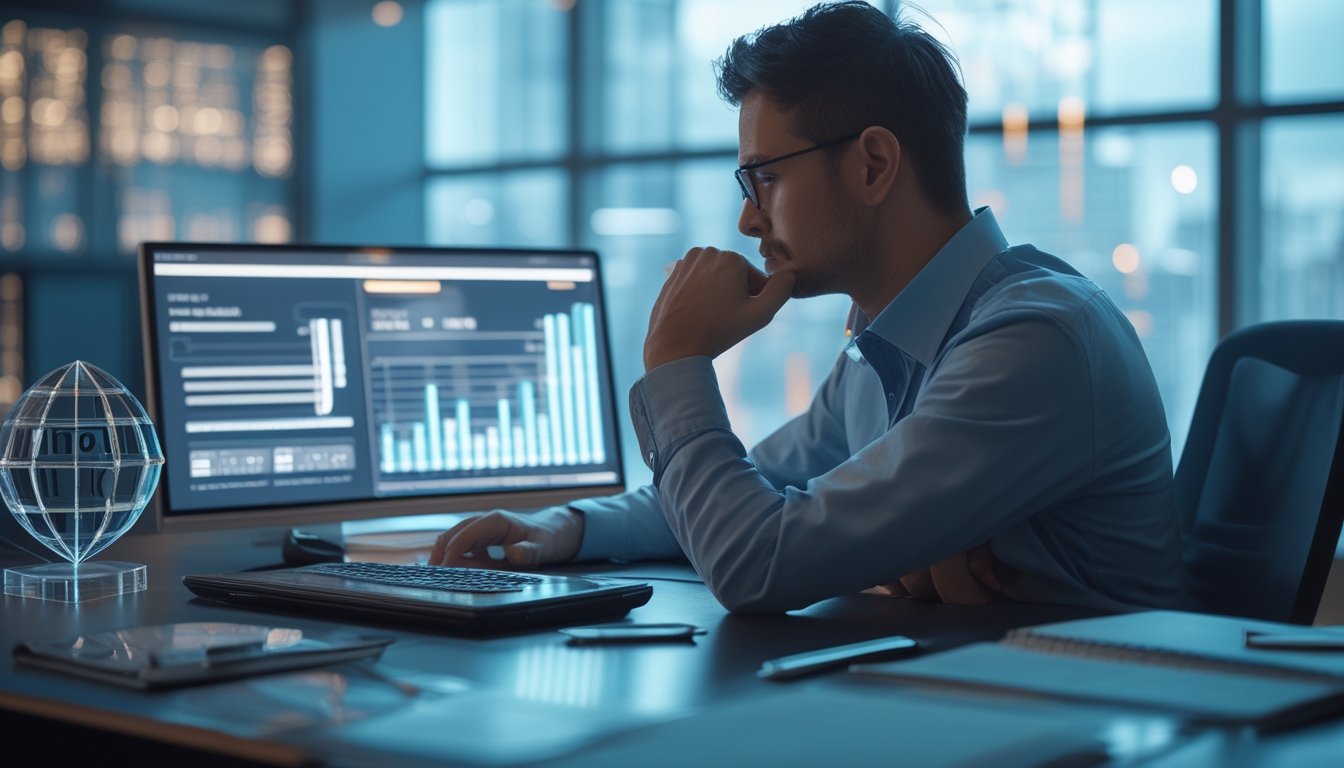 Seorang analis mempelajari grafik probabilitas dan angka abstrak 3D di laptop pada meja kerja modern.