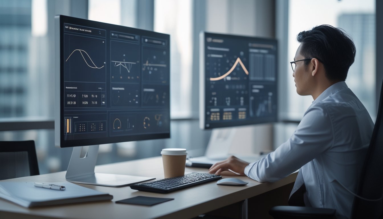 Seorang analis mempelajari grafik probabilitas abstrak di ruang kerja modern.