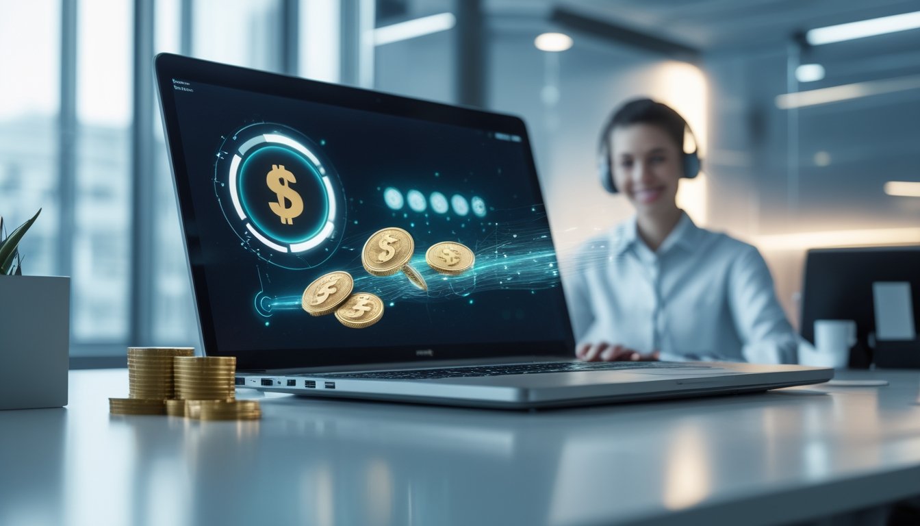 Perangkat digital menampilkan ilustrasi transaksi keuangan cepat menuju dompet digital, dengan suasana layanan pelanggan modern di latar belakang.
