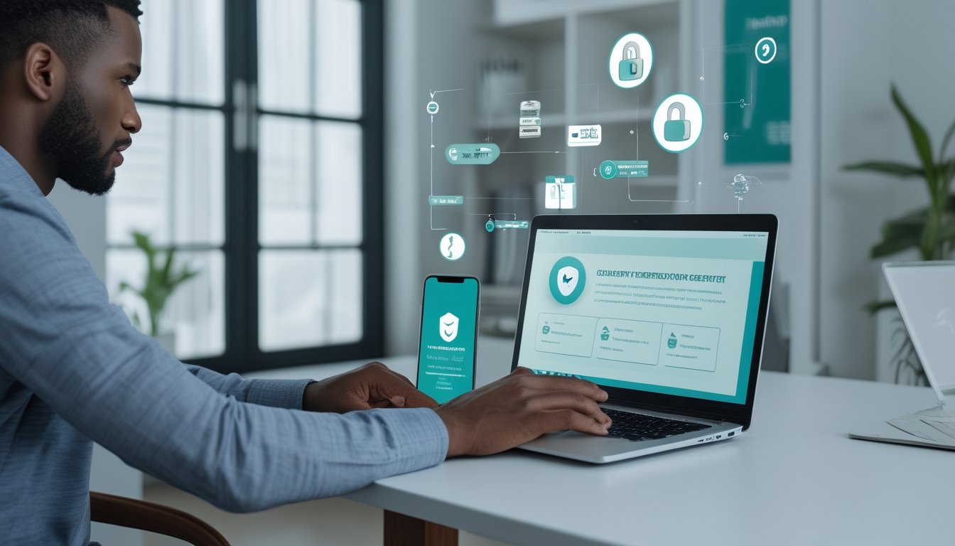 Seseorang memeriksa keamanan dan kredibilitas sebuah platform digital melalui laptop dan ponsel.