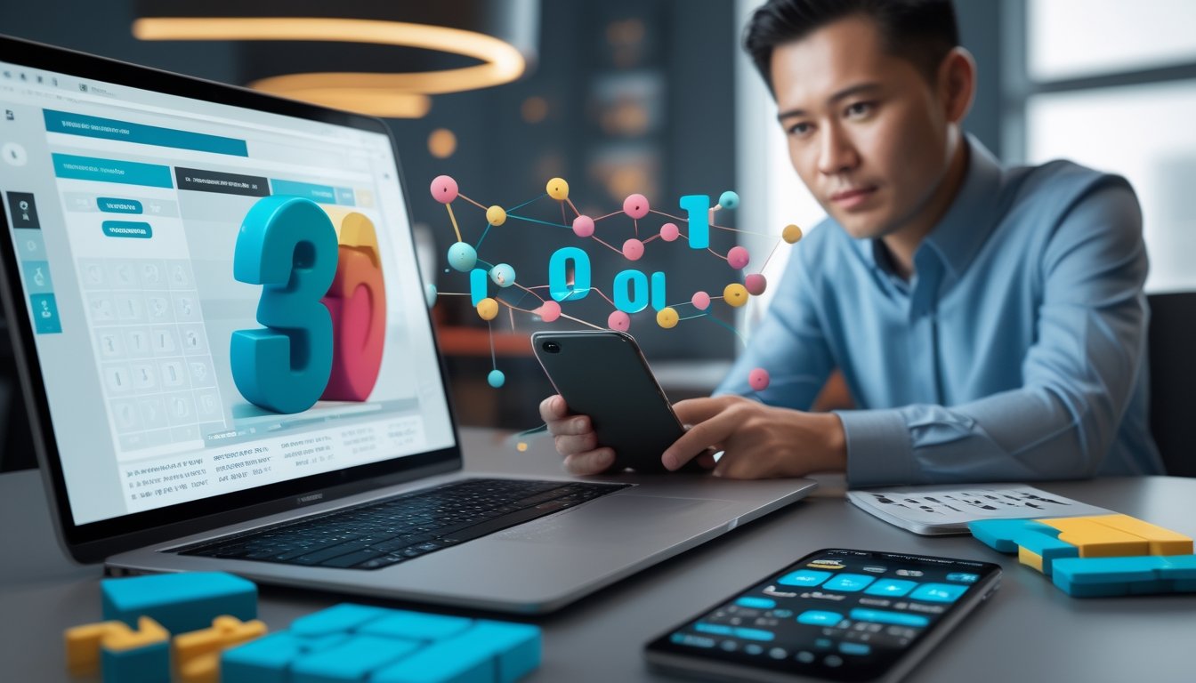Seorang profesional melihat laptop dan ponsel dengan tampilan bentuk geometris tiga dimensi abstrak di ruang kerja modern.