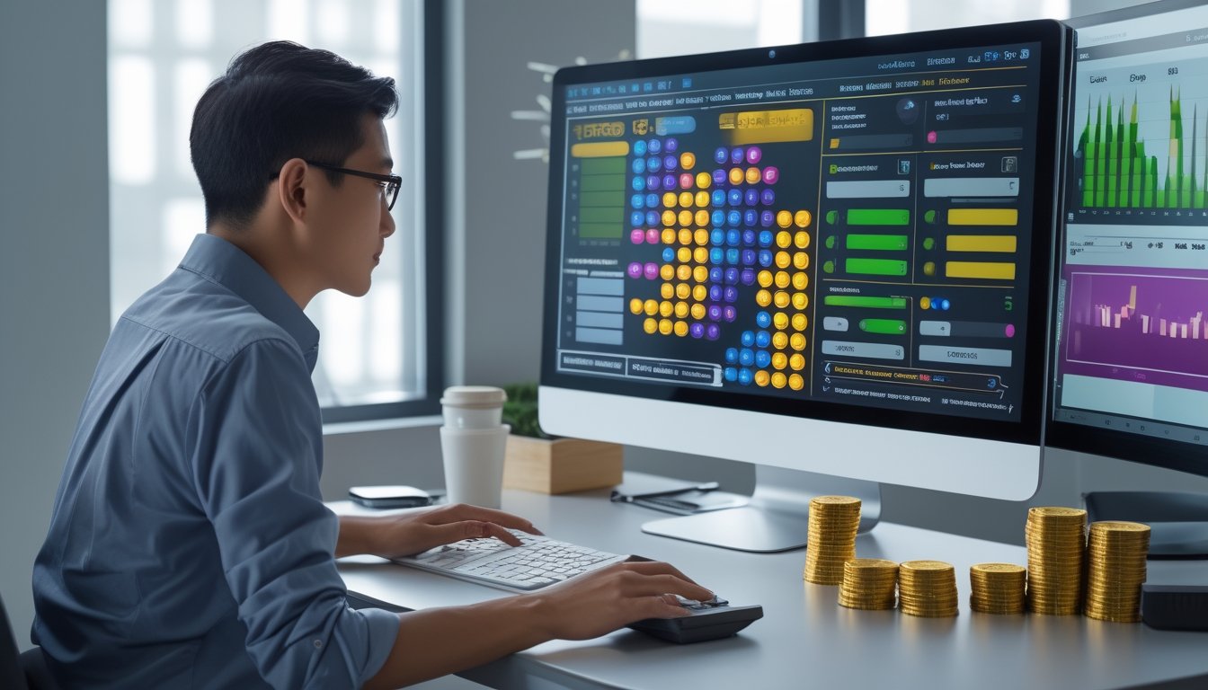 Orang dewasa mempelajari susunan kubus angka tiga dimensi dan grafik abstrak di meja kerja modern.