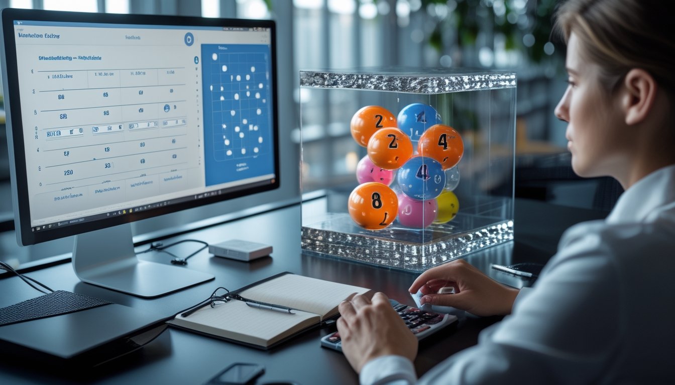 Seseorang menganalisis undian bola 3D dan data peluang di meja kerja modern.