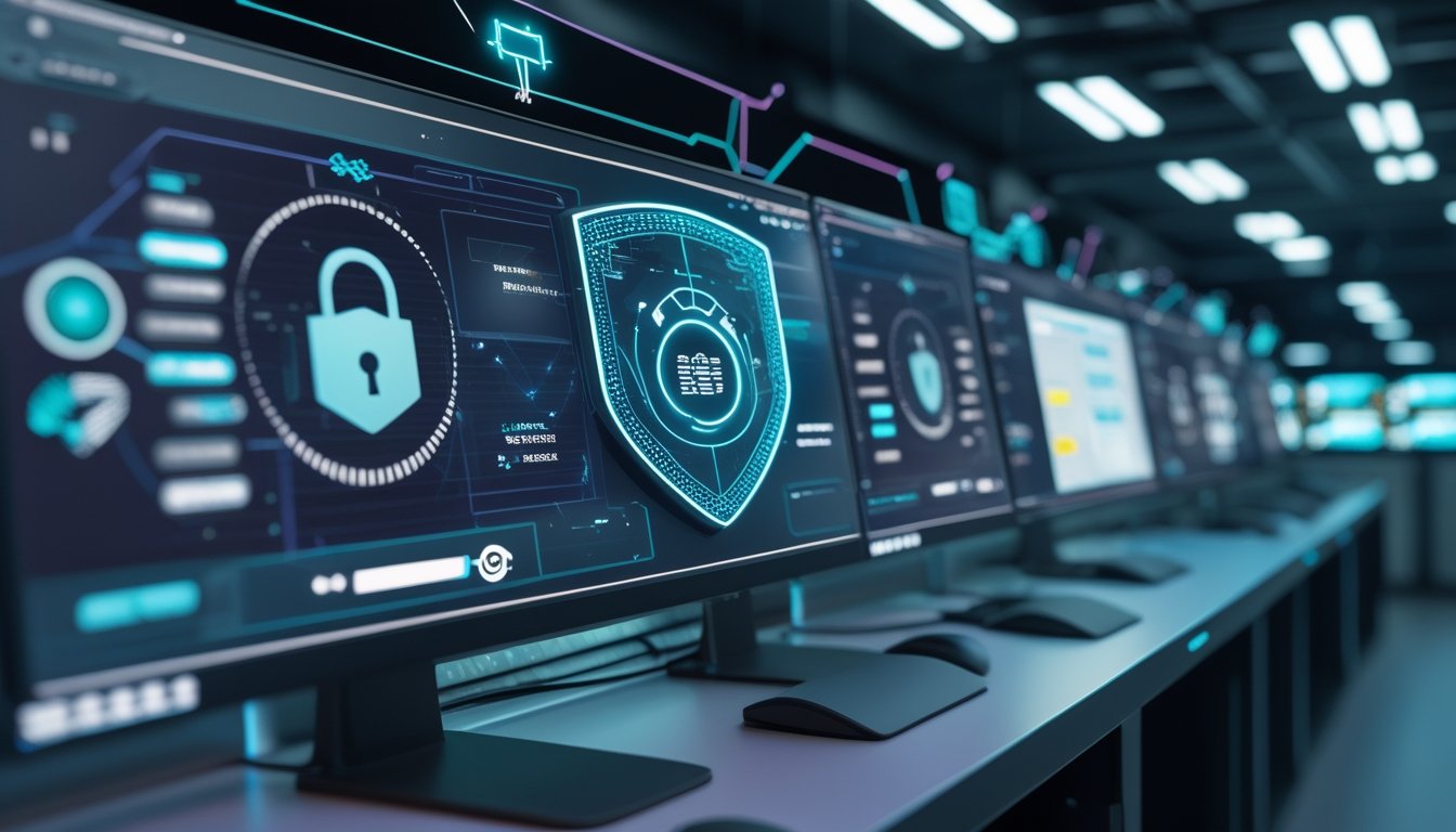 Pusat operasi digital modern dengan antarmuka tiga dimensi, aliran data terenkripsi, dan simbol keamanan berbentuk perisai.