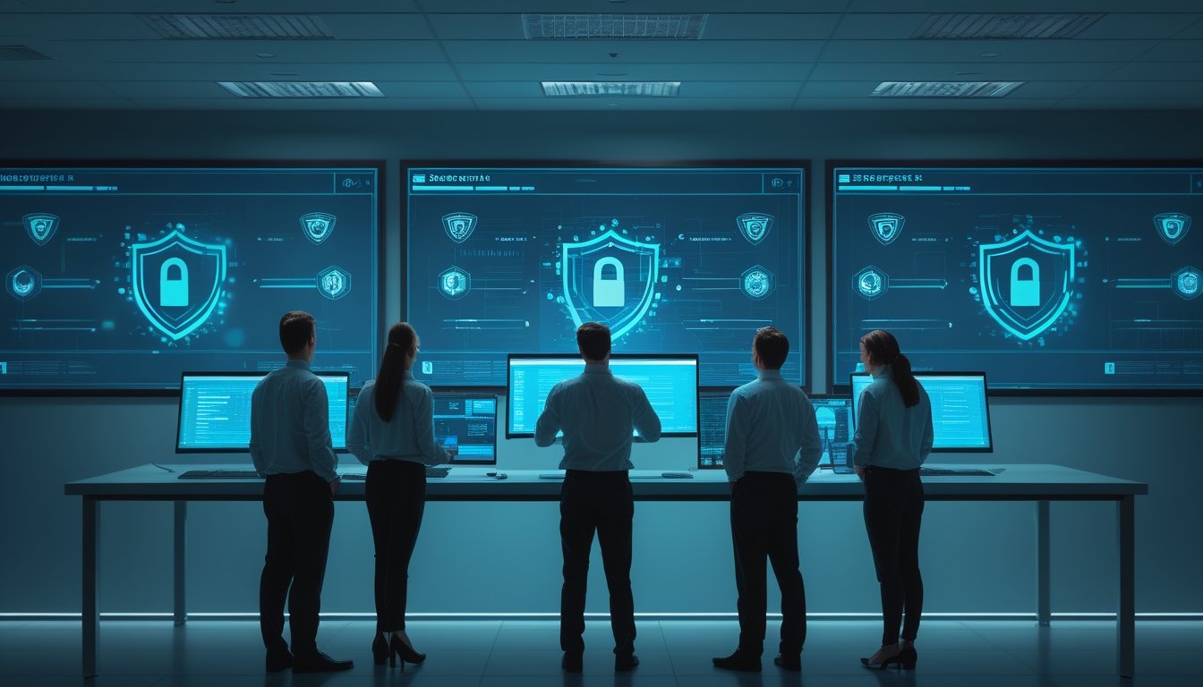 Tim keamanan siber memantau perlindungan data pada layar digital di pusat operasi modern.