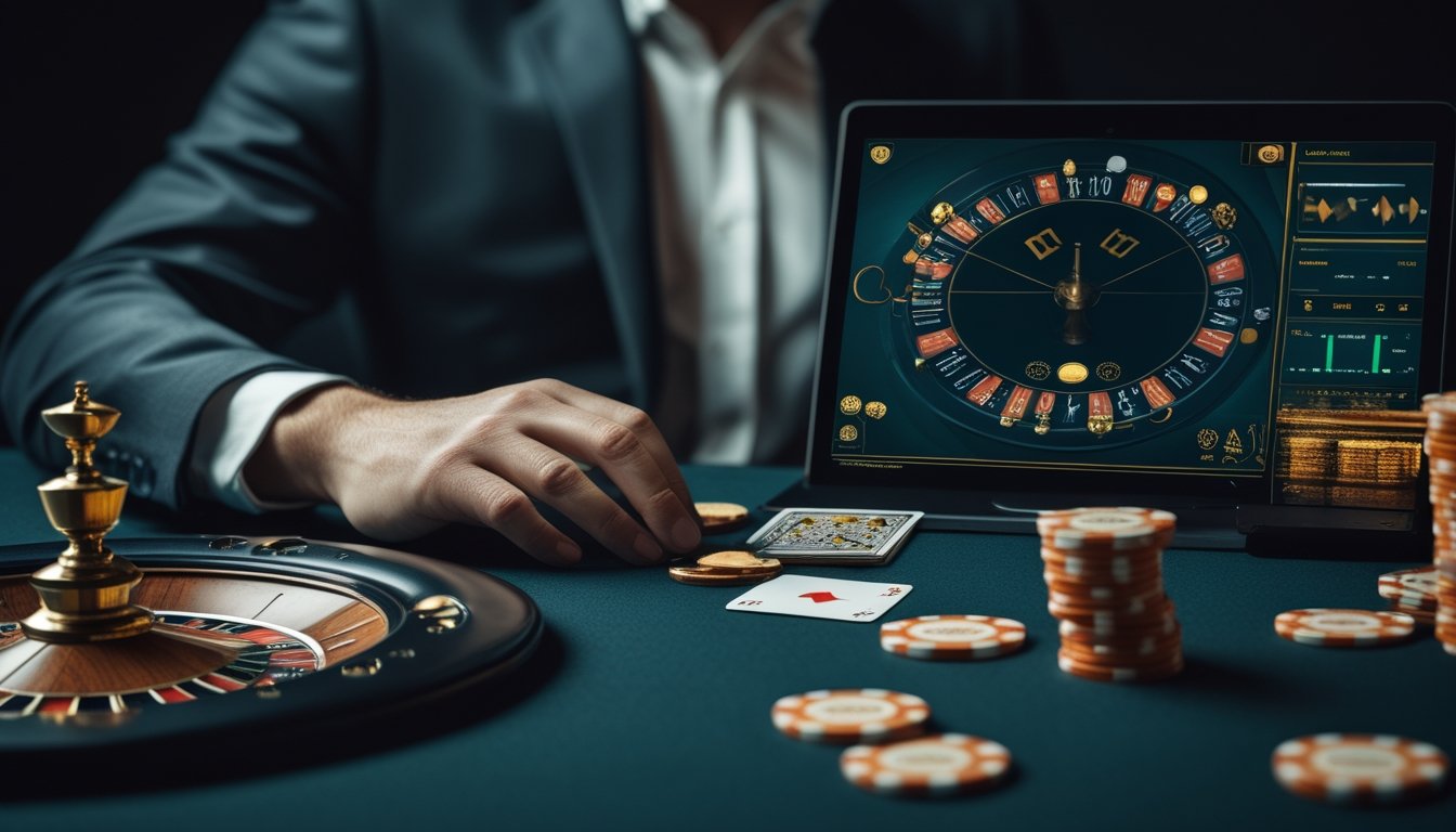 Tangan pemain menggunakan perangkat digital di samping roda roulette, kartu, keping kasino, dan grafik abstrak.