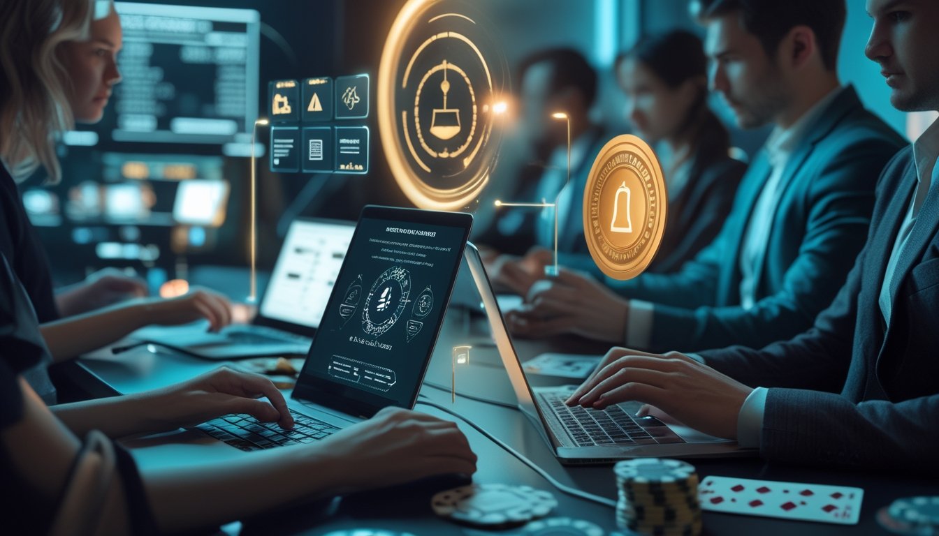 Pemain dewasa menggunakan perangkat digital dalam lingkungan kasino online dengan simbol keamanan, verifikasi, dan permainan adil.