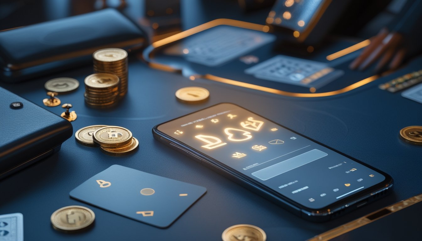 Meja kasino modern dengan kartu, keping judi, dompet digital, dan koin cryptocurrency.
