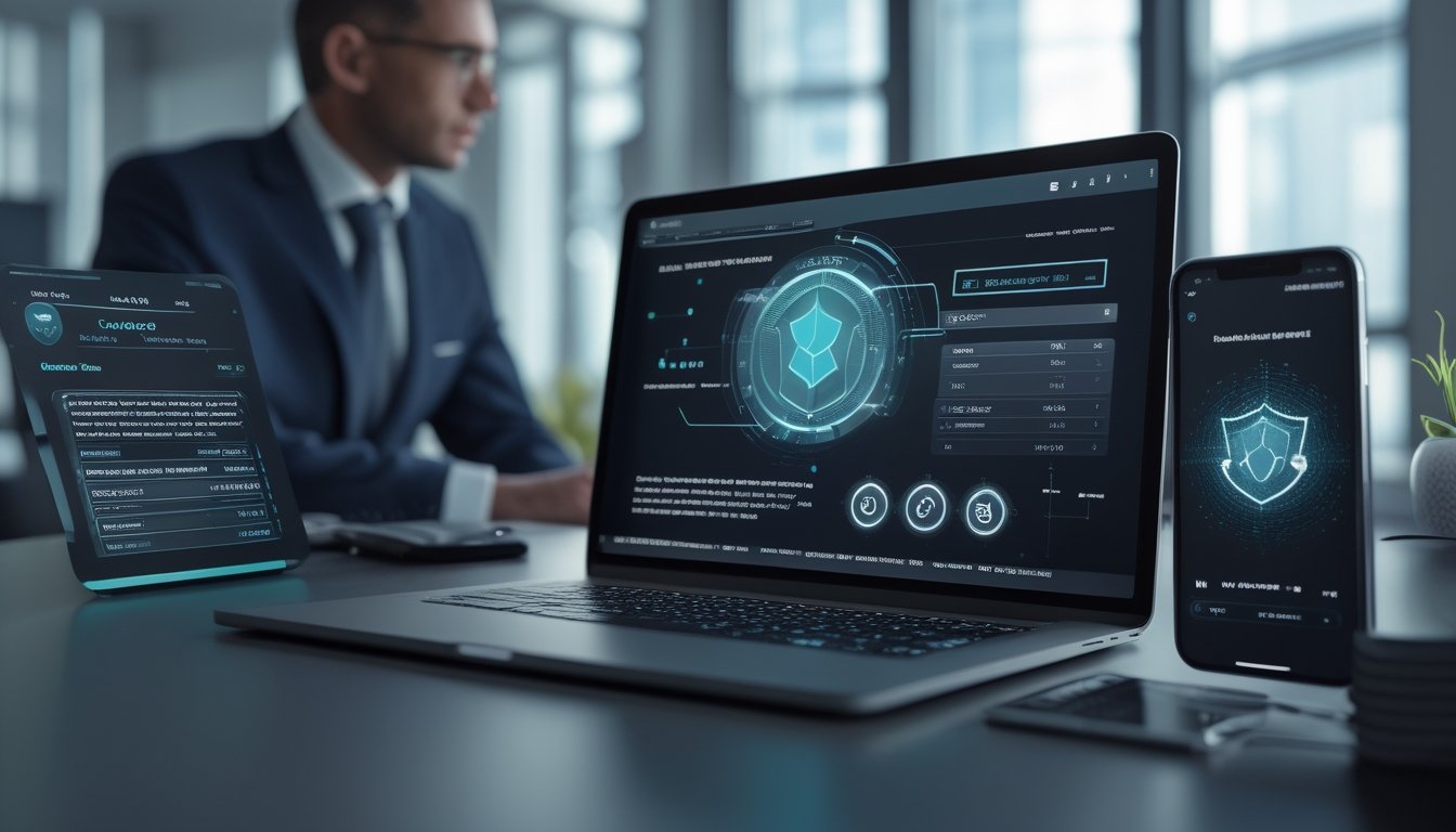 Profesional meninjau keamanan pembayaran mata uang kripto dan kepatuhan hukum menggunakan laptop dan ponsel di ruang kerja modern.