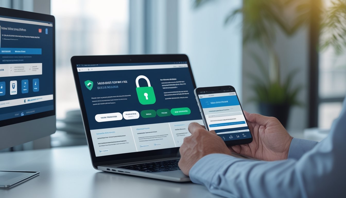 Profesional keamanan siber memeriksa keamanan dan legalitas platform online melalui laptop dan ponsel di ruang kerja modern.