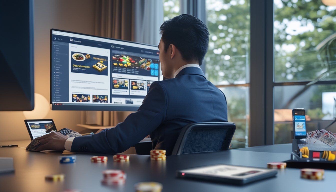 Orang dewasa sedang membandingkan beberapa situs kasino daring di ruang kerja modern.