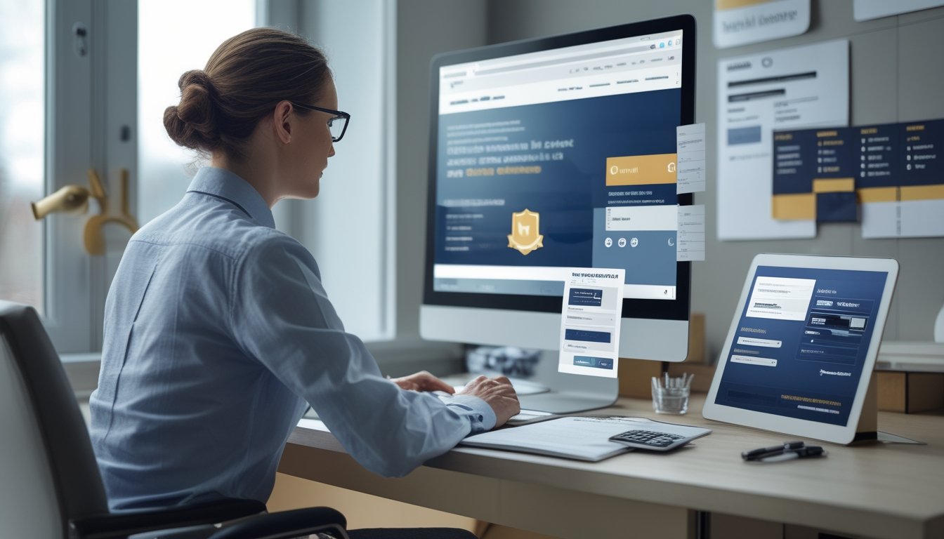 Seseorang sedang membandingkan situs kasino online secara hati-hati di meja kerja dengan laptop, tablet, dan catatan.