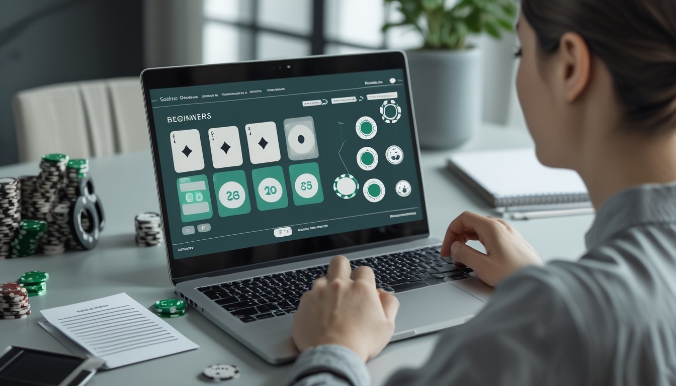 Pemula mempelajari permainan kasino online dan pengelolaan risiko di meja dengan laptop, kartu, chip, dadu, dan kalkulator.