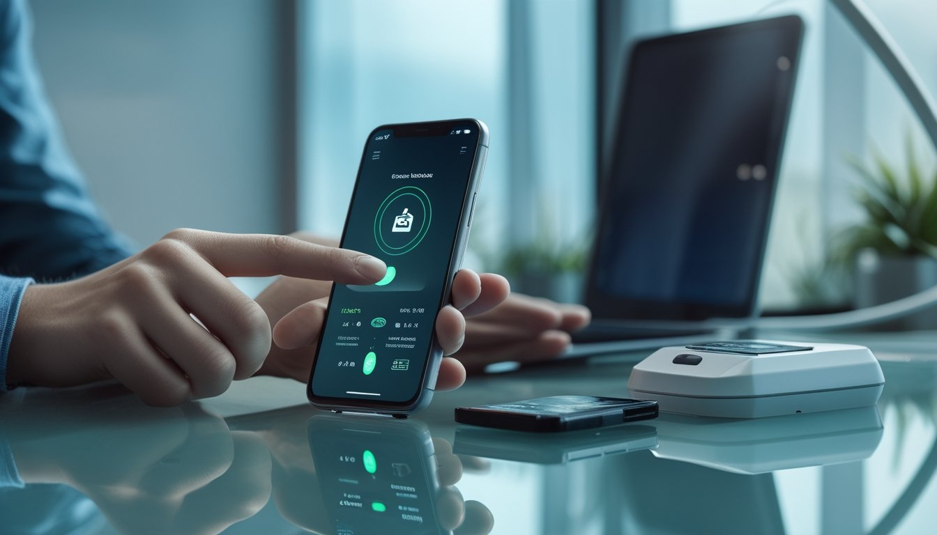 Seseorang menggunakan ponsel untuk melakukan pembayaran digital di meja kerja modern.