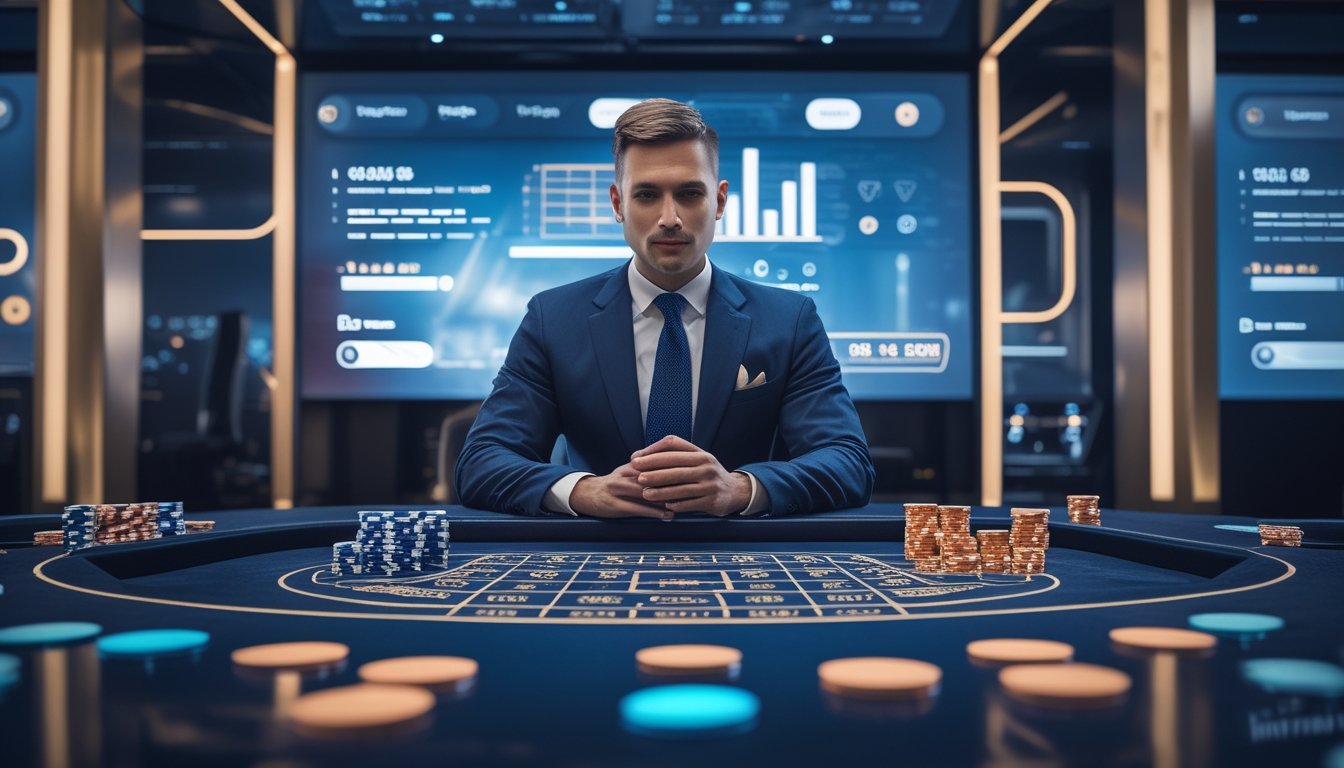 Dealer dewasa berada di meja kasino langsung dengan roda roulette, kartu, dan chip di studio modern.