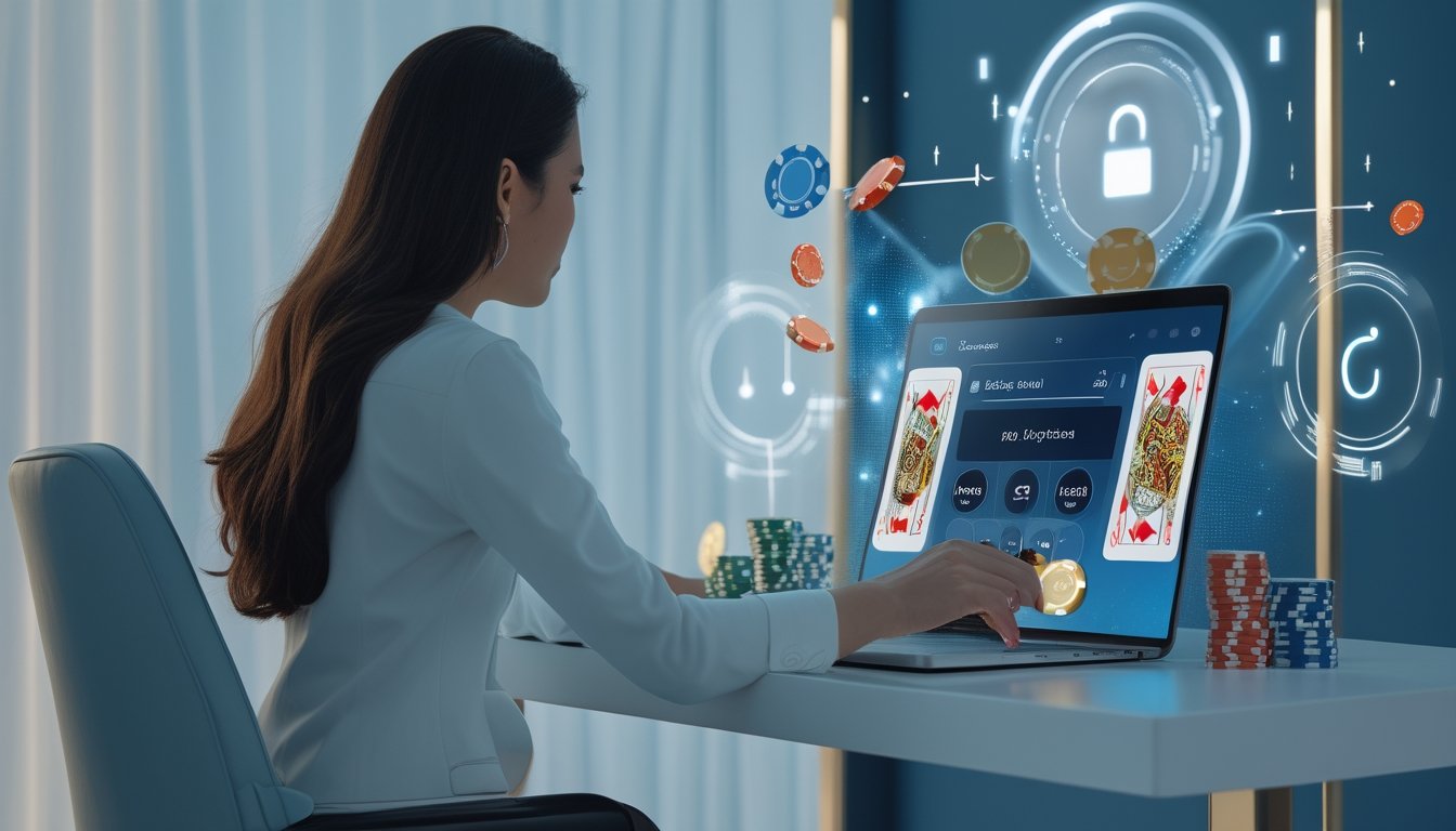 Seseorang menggunakan laptop dengan tampilan bertema kasino digital dan simbol keamanan serta koneksi stabil.