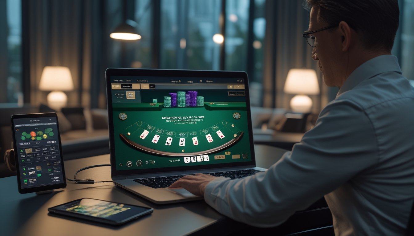 Seseorang melihat permainan blackjack Eropa di laptop dengan kartu dan keping taruhan di meja.