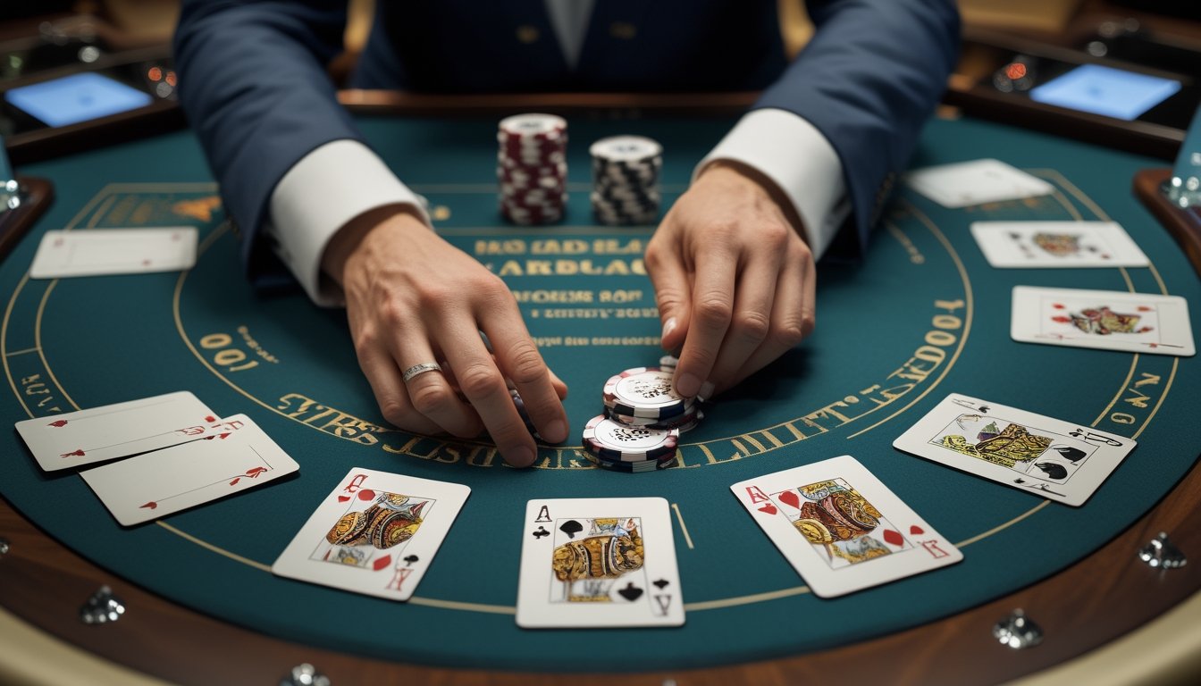 Meja European Blackjack dengan kartu, tumpukan chip, dan perangkat digital di lingkungan kasino modern.