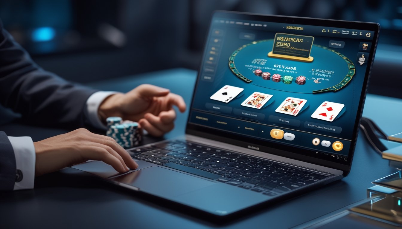 Laptop dan ponsel menampilkan permainan blackjack online dengan kartu dan chip di atas meja elegan.