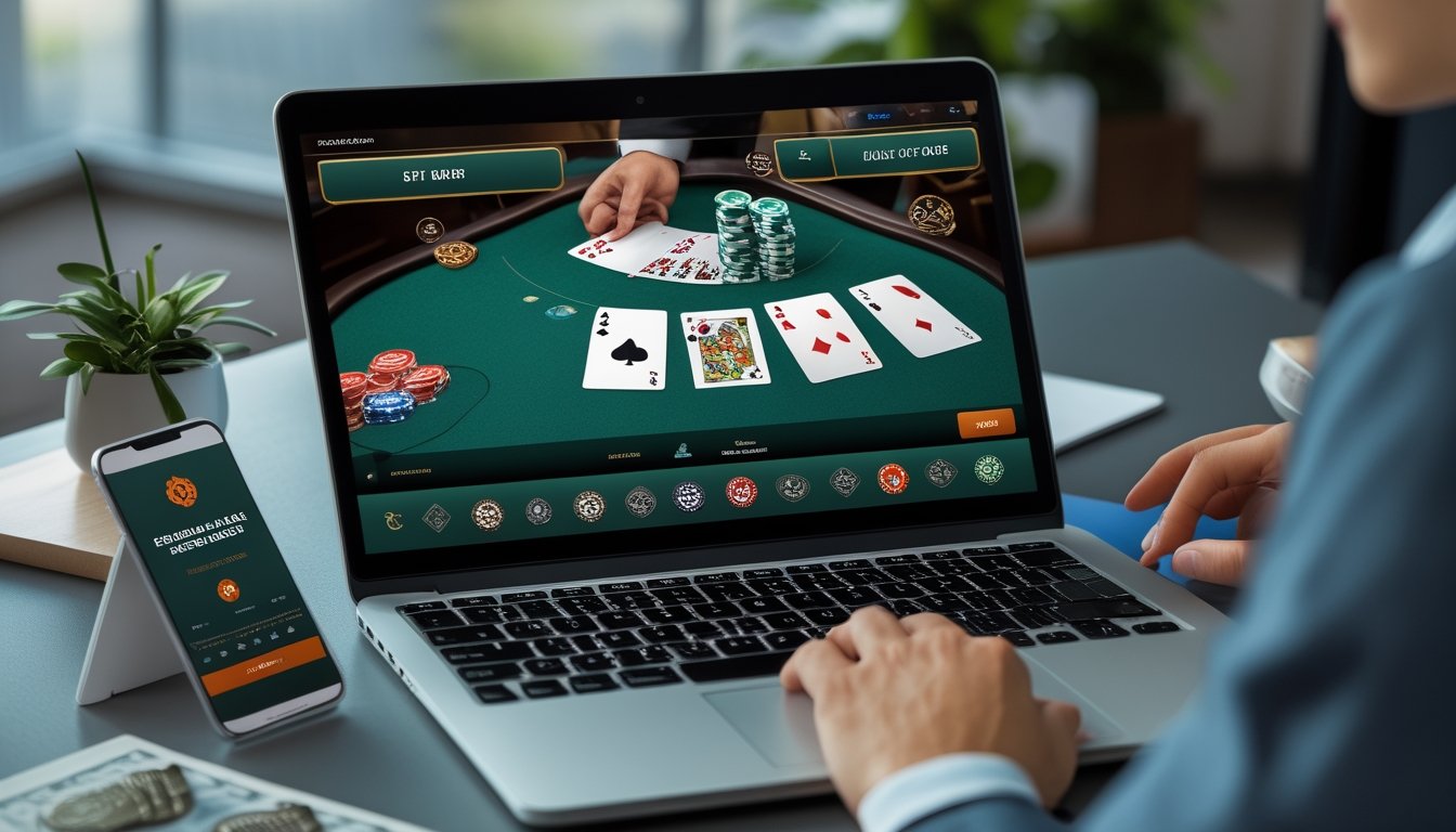 Laptop menampilkan permainan blackjack demo dengan kartu dan chip di atas meja, ditemani ponsel.