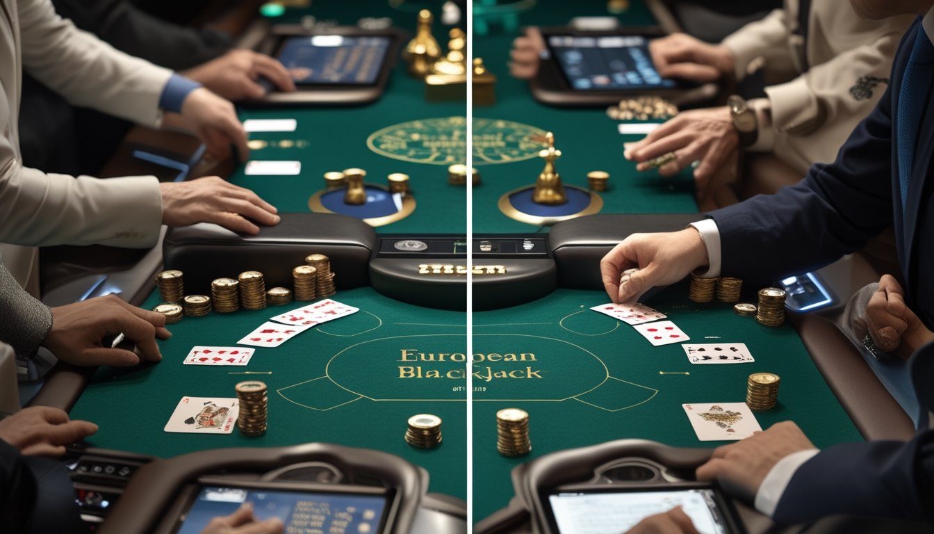 Meja blackjack dengan kartu, keping kasino, dan perangkat digital yang menggambarkan perbandingan dua jenis blackjack online.