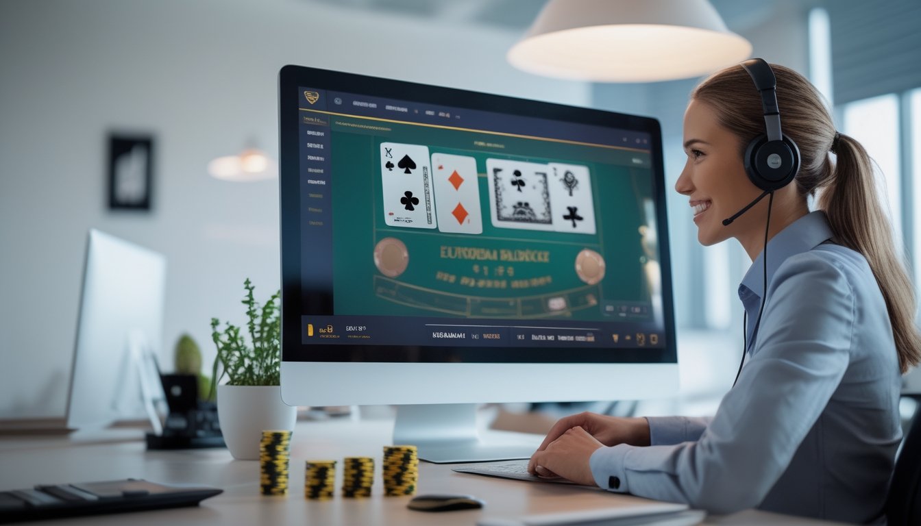 Petugas layanan pelanggan yang ramah membantu pengguna platform blackjack online melalui komputer di kantor modern.