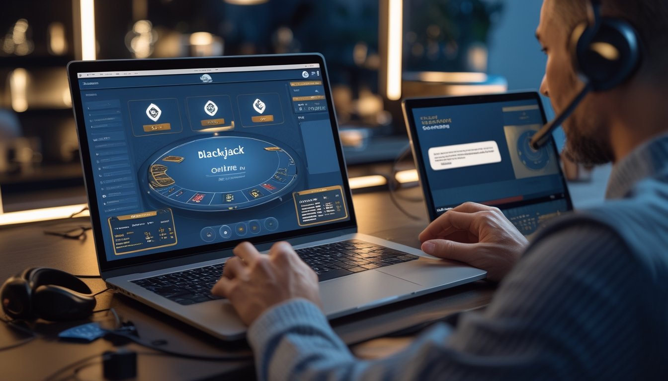 Pemain menggunakan laptop untuk bermain blackjack online dengan dukungan layanan pelanggan yang ramah.