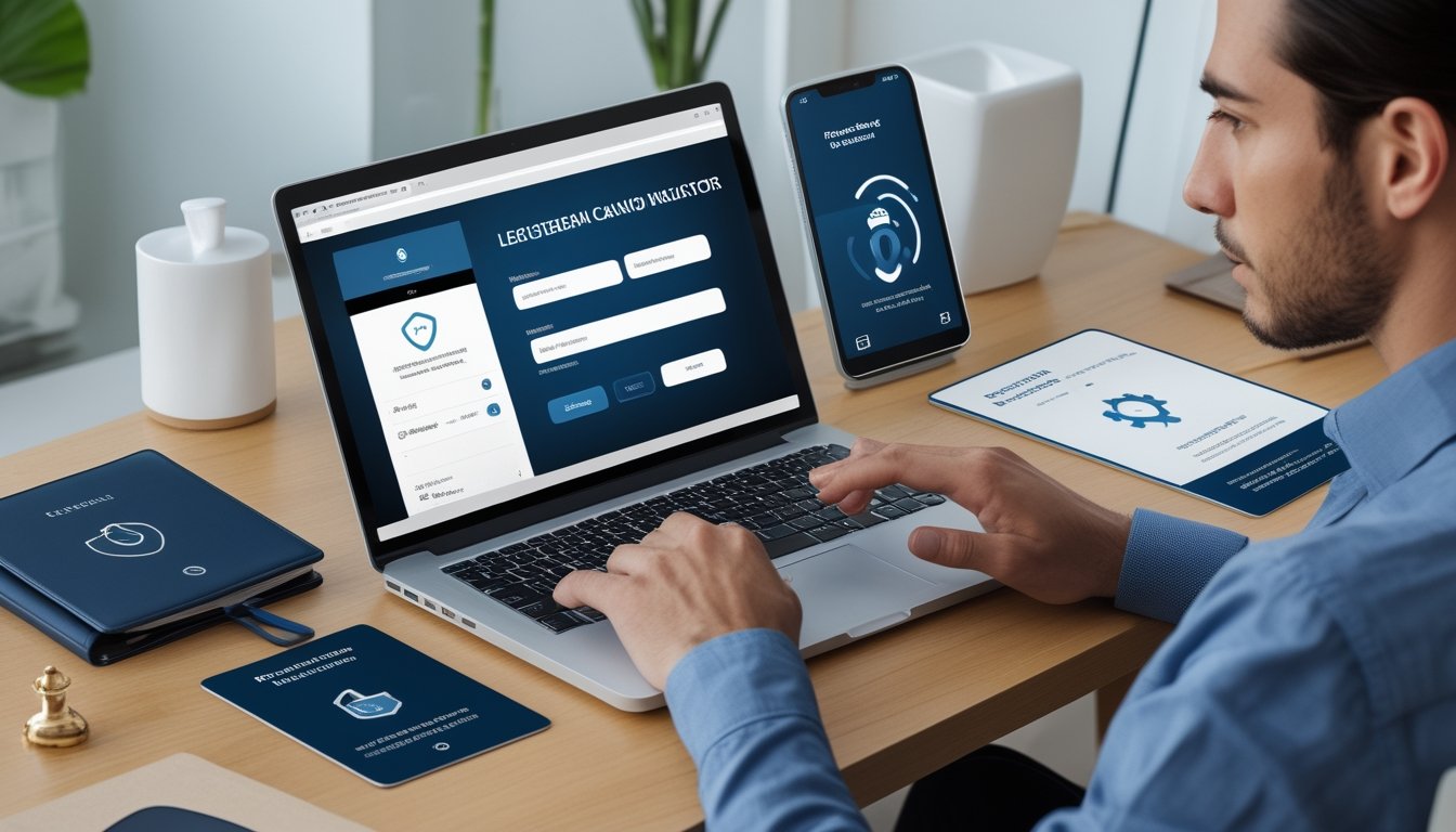 Seseorang memeriksa dokumen verifikasi dan keamanan akun di laptop dengan simbol perlindungan data.