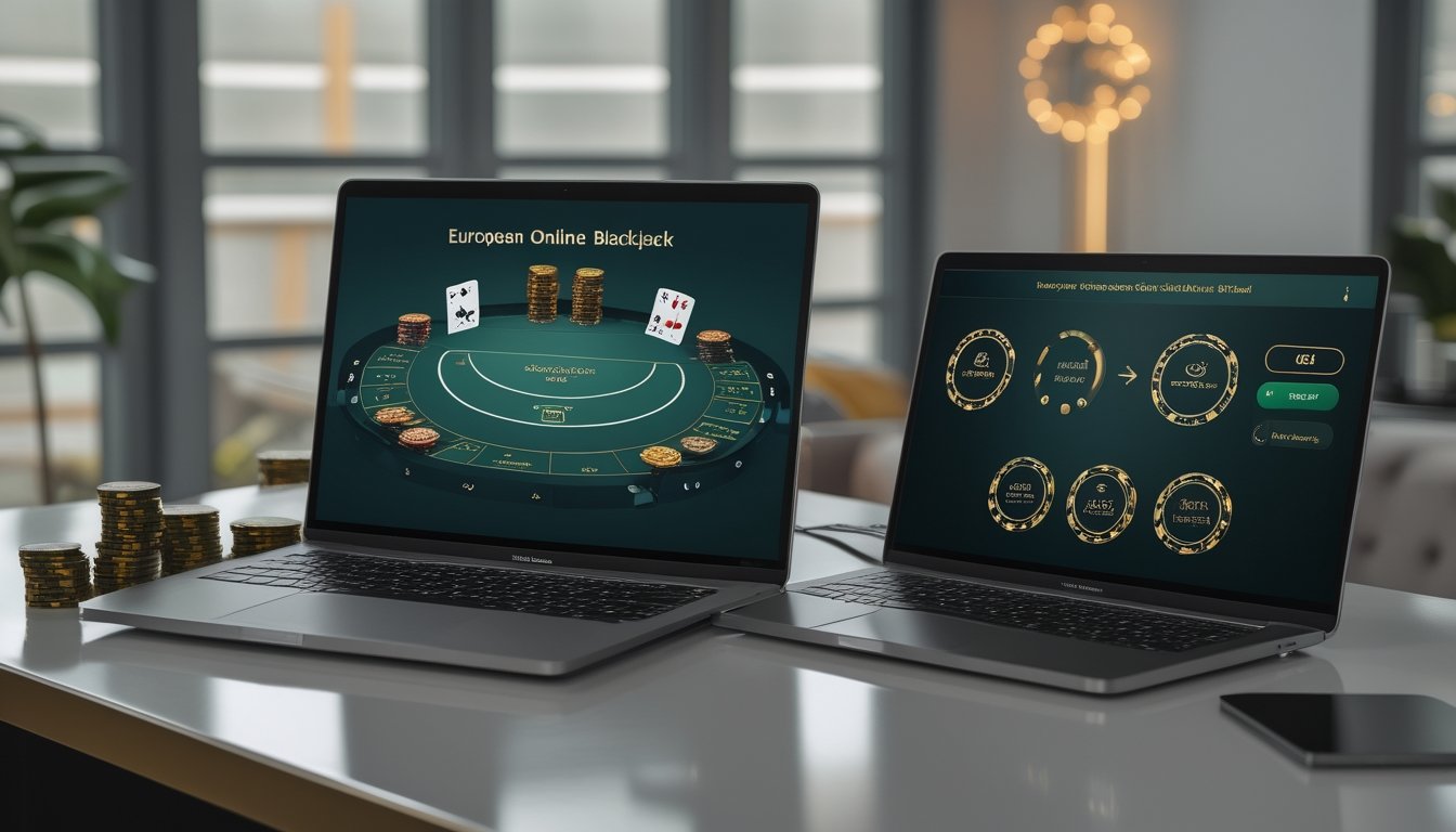 Laptop dan ponsel menampilkan meja blackjack digital dengan kartu, chip, serta simbol keamanan dan verifikasi.