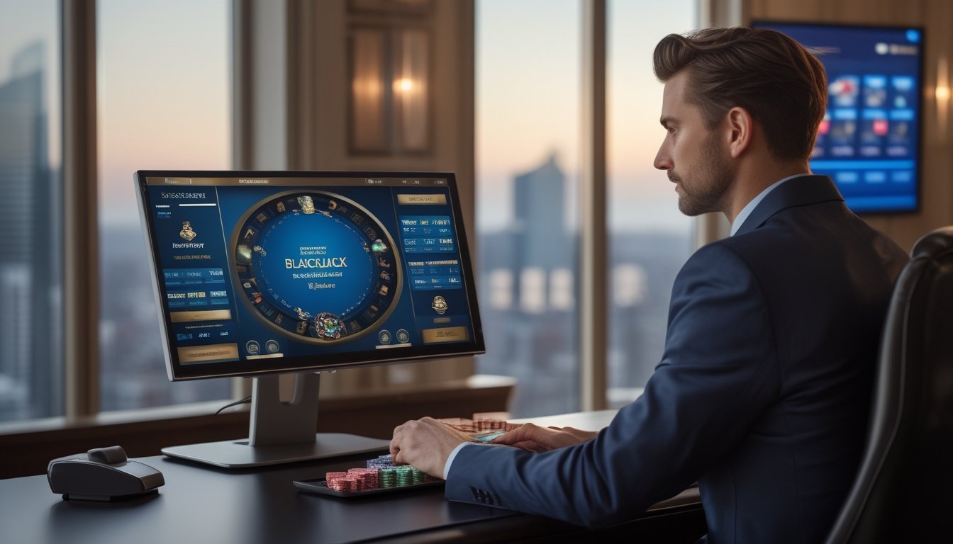 Pemain berpakaian formal menikmati permainan blackjack online di ruang mewah dengan layar digital dan suasana kota Eropa.