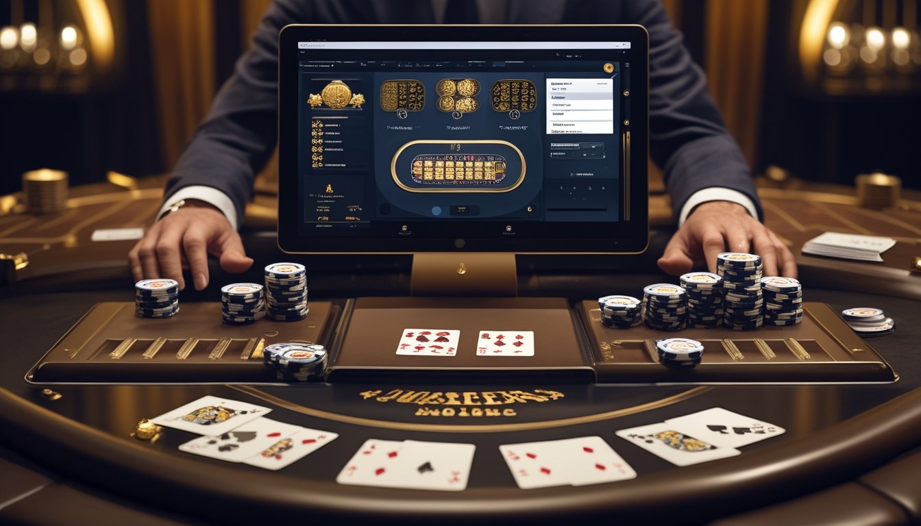 Pemain high roller duduk di meja blackjack mewah dengan kartu, chip kasino, dan layar permainan online.