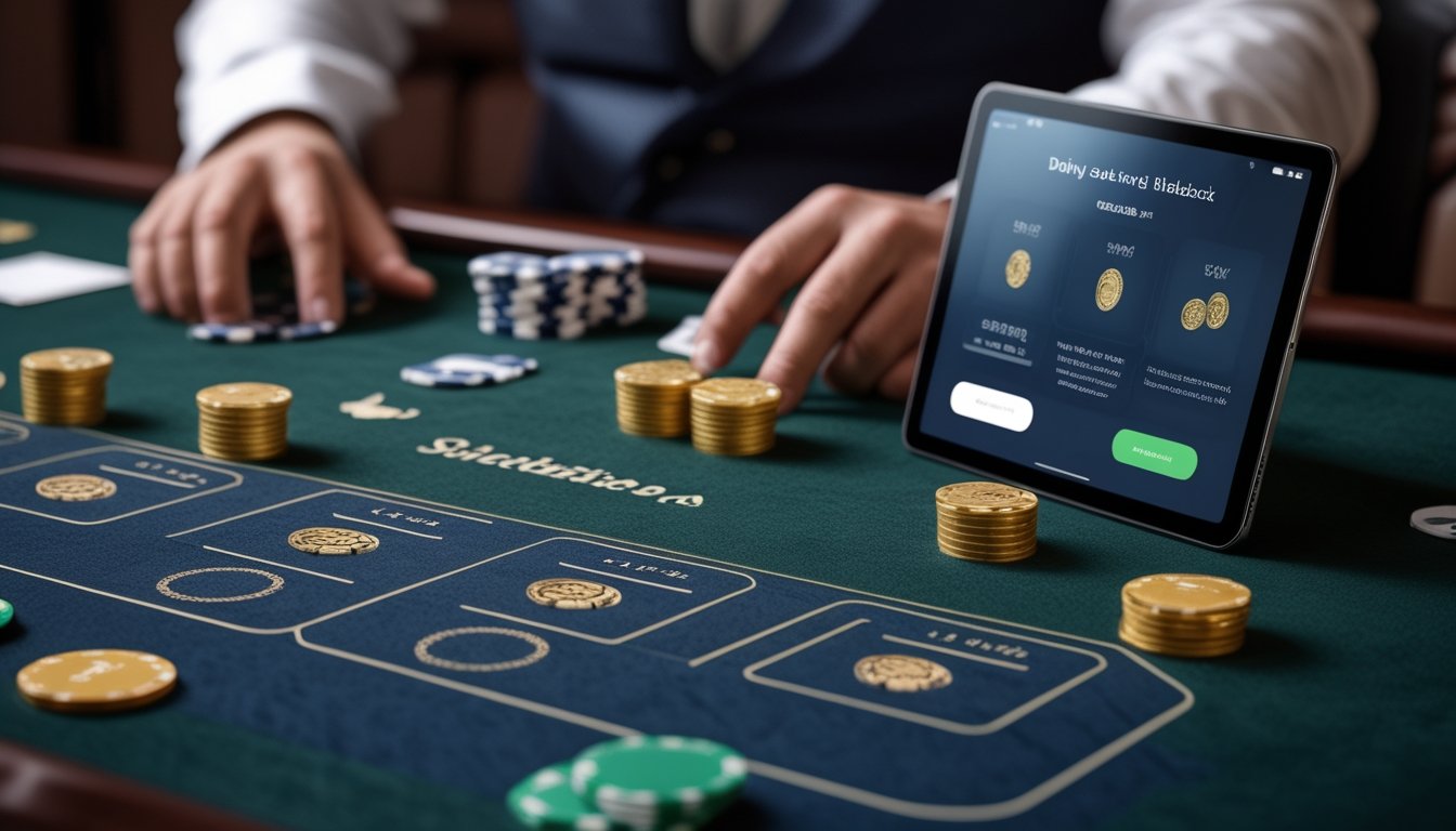 Meja blackjack dengan kartu, chip kasino, perangkat digital, dan tumpukan koin hadiah.