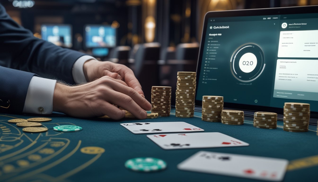 Meja blackjack dengan kartu, tumpukan chip, dan perangkat digital yang menampilkan indikator hadiah serta perputaran taruhan.