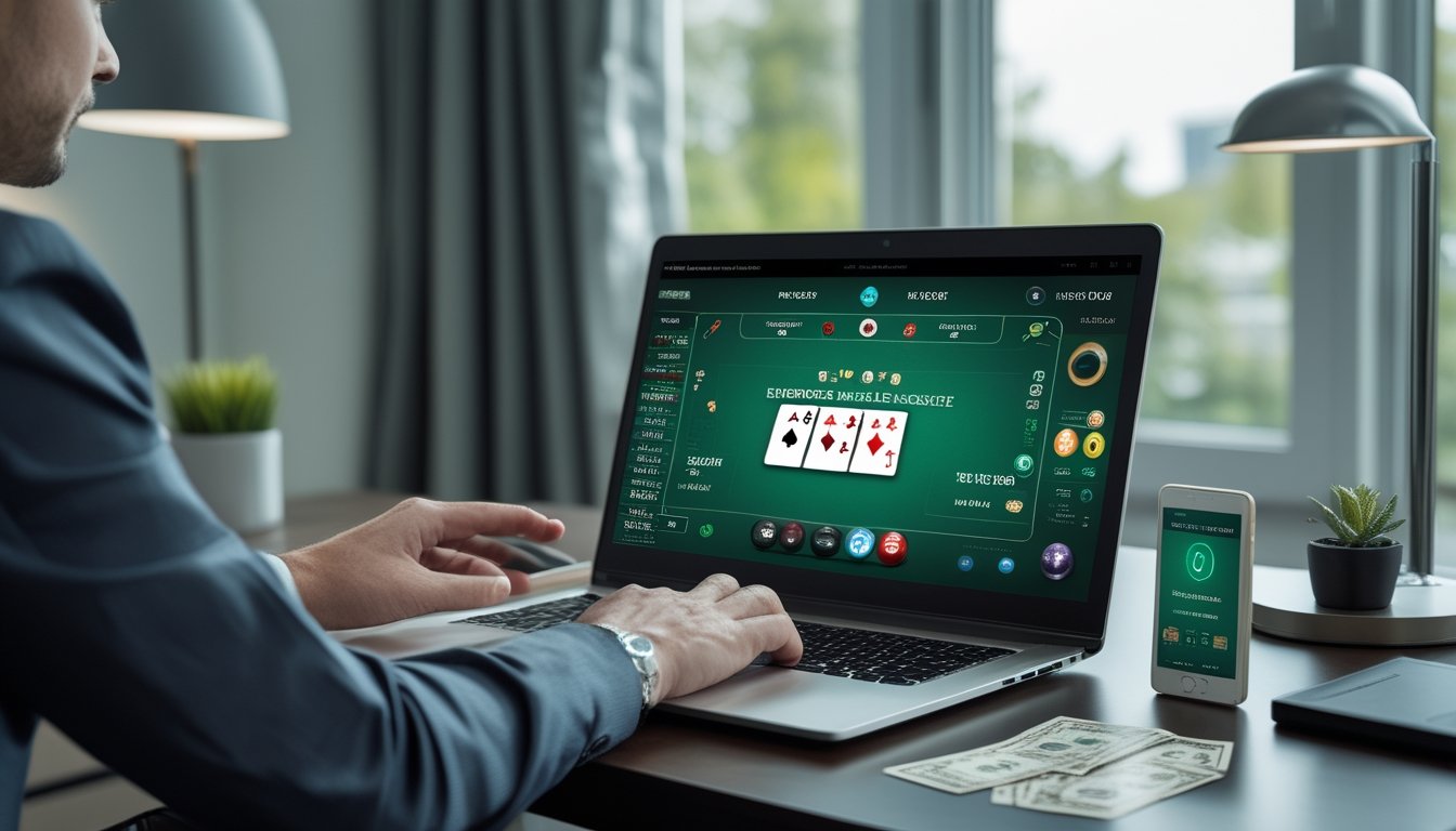 Seseorang memainkan blackjack online di laptop dengan kartu, chip, dan simbol berbagai mata uang di meja.