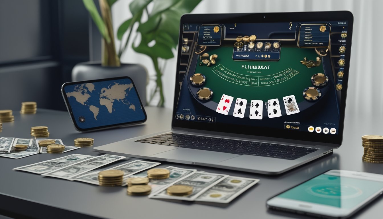 Laptop menampilkan meja blackjack daring dengan kartu dan chip, dikelilingi berbagai mata uang serta ponsel.