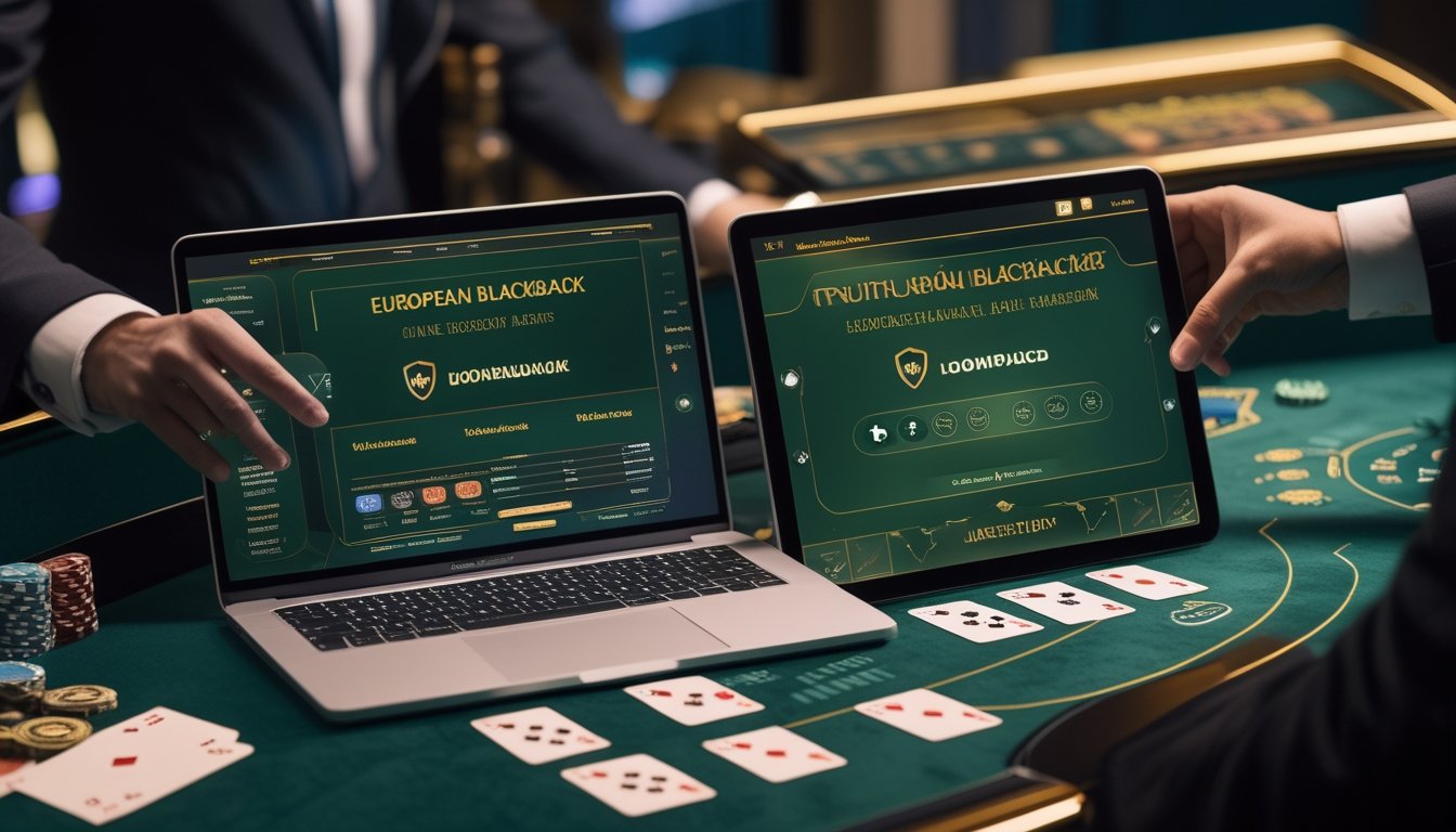 Laptop dan tablet menampilkan permainan blackjack daring dengan kartu, chip kasino, serta tampilan antarmuka yang rapi dan aman.