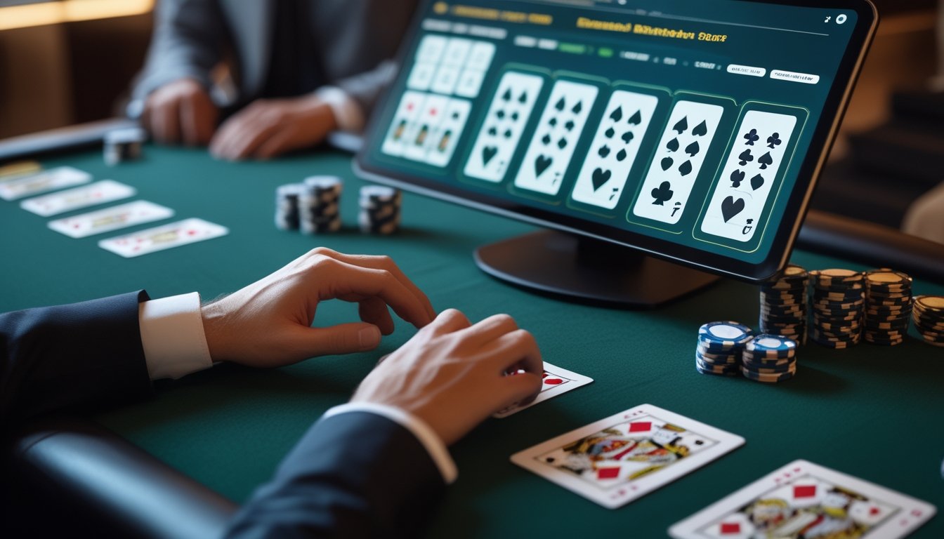 Meja blackjack Eropa dengan kartu, keping taruhan, dan tangan dealer di lingkungan permainan online.