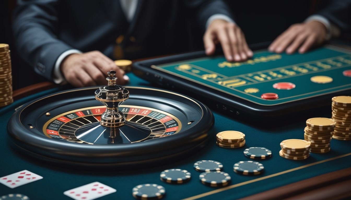 Meja kasino elegan dengan roda roulette, keping taruhan, kartu baccarat, dan perangkat digital.