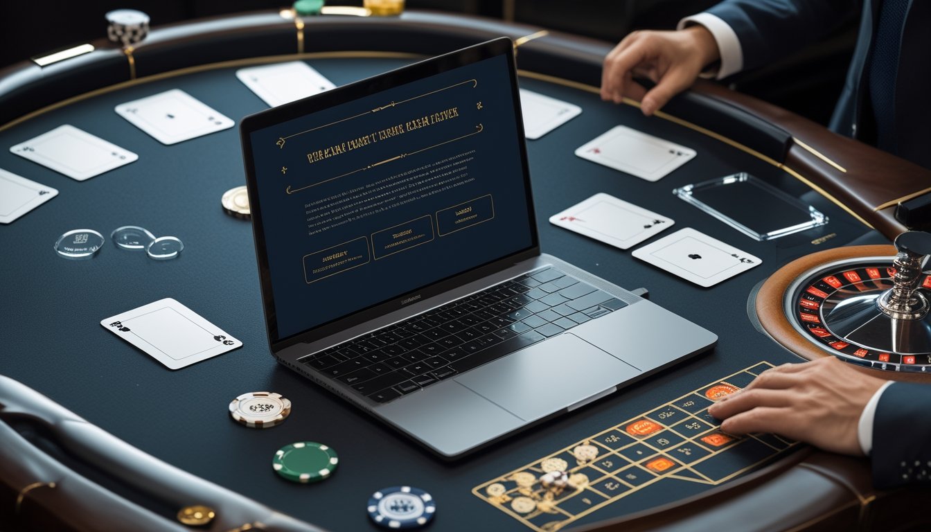 Laptop dan perlengkapan verifikasi berada di meja kasino dengan kartu baccarat serta roda roulette.
