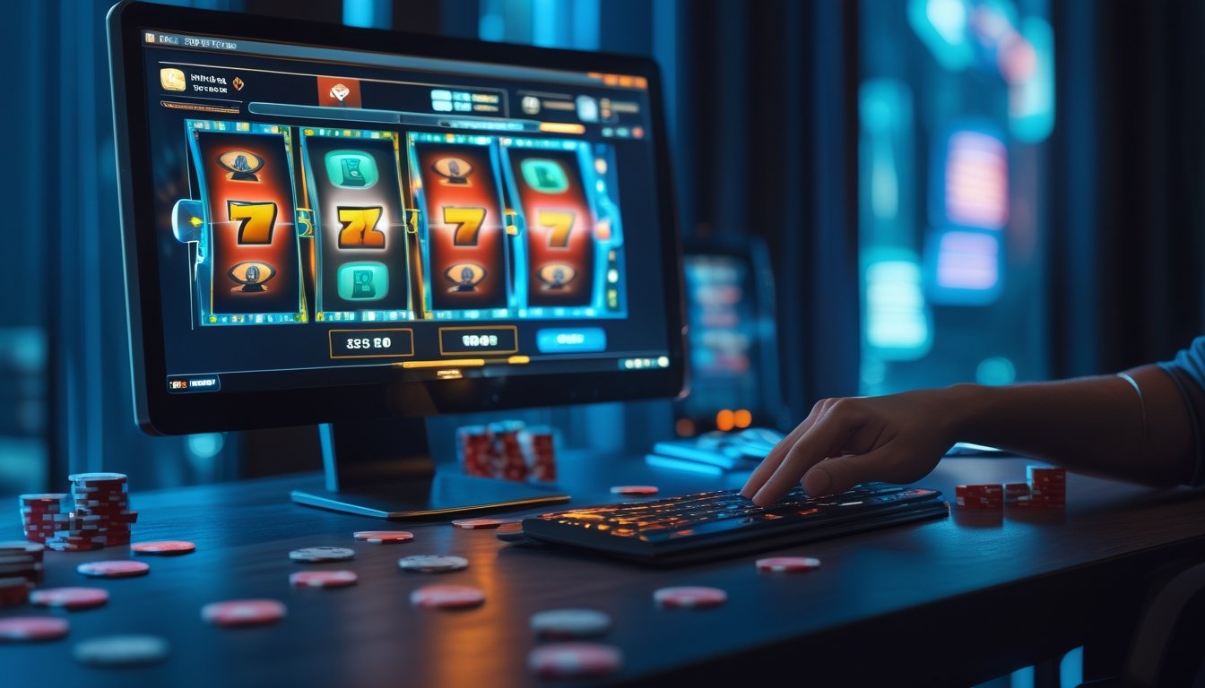 Meja kerja dengan layar permainan slot abstrak, keping kasino, kartu, dan dompet hampir kosong yang menggambarkan risiko kerugian.